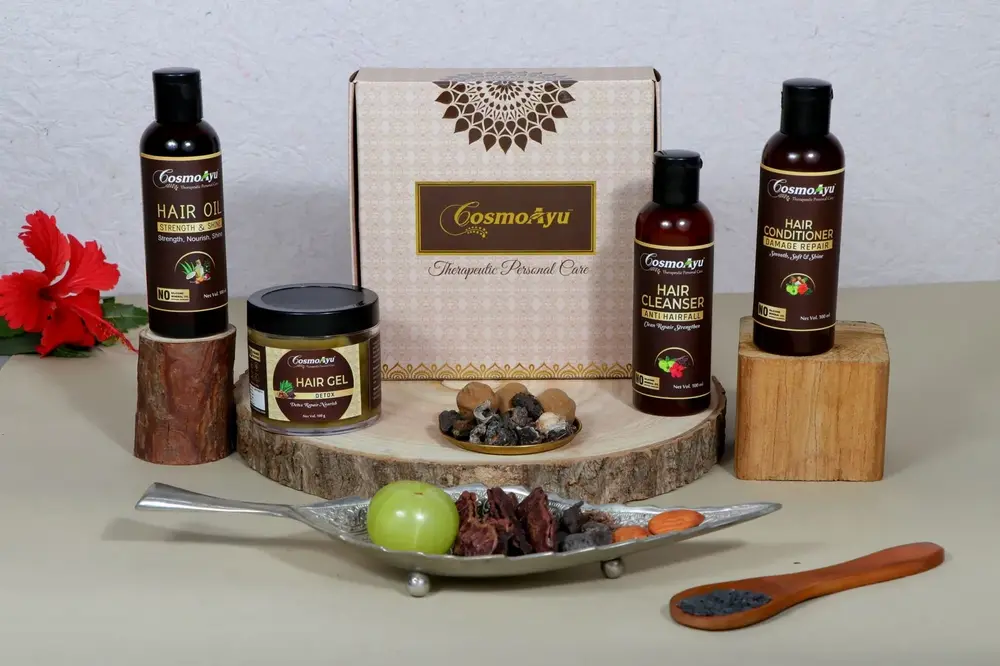 CosmoAyu hair care set in a printed gift box