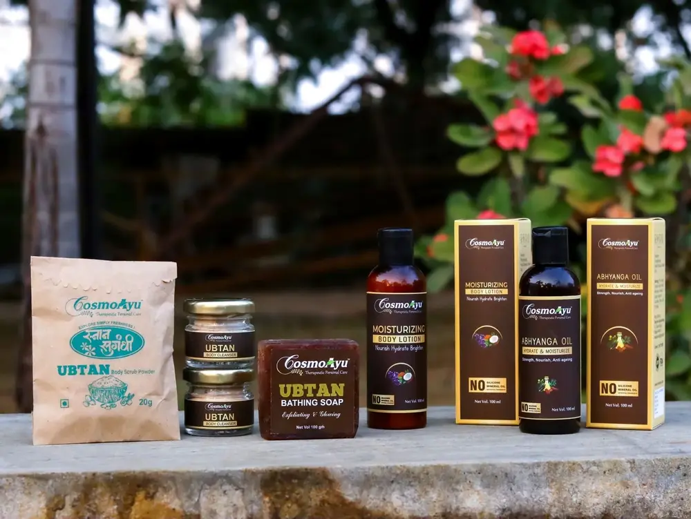 Ubtan soap, body cleanser and oil outdoors