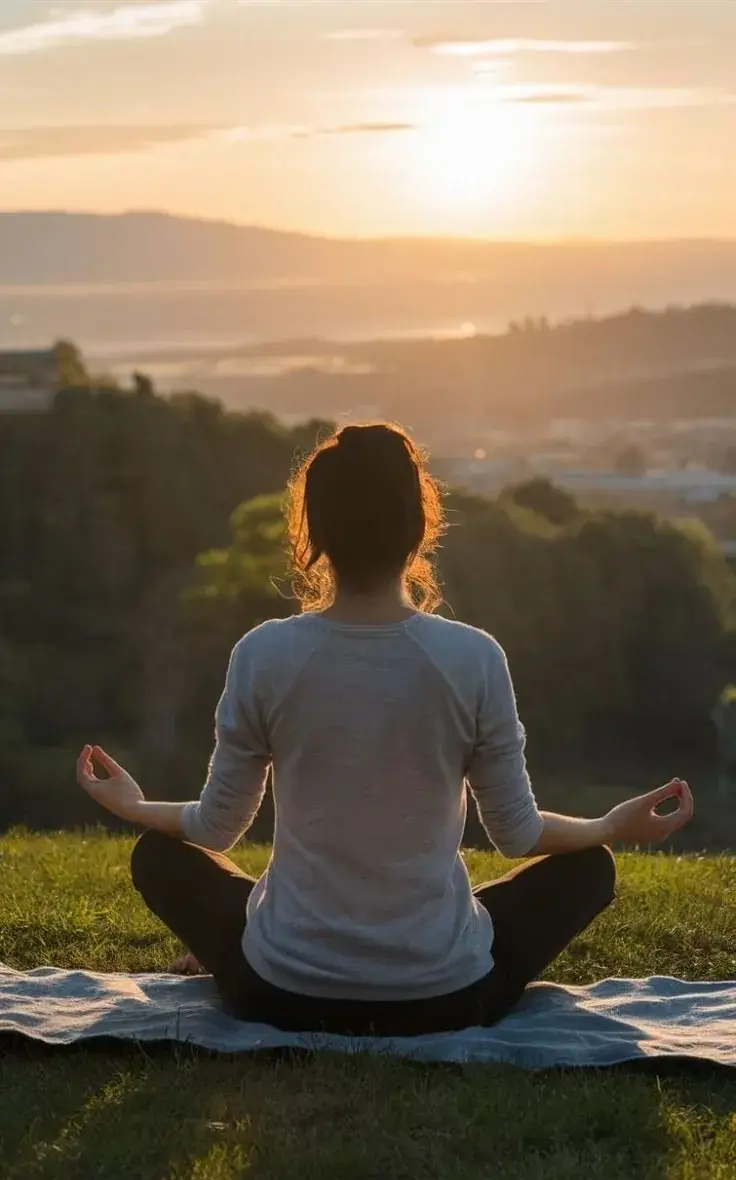 Woman meditating at sunrise